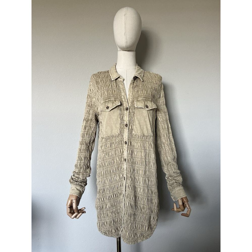 Anthropologie Pilcro Smocked Shacket Button Up Chest Pocket Olive Green Size S - Picture 8 of 16